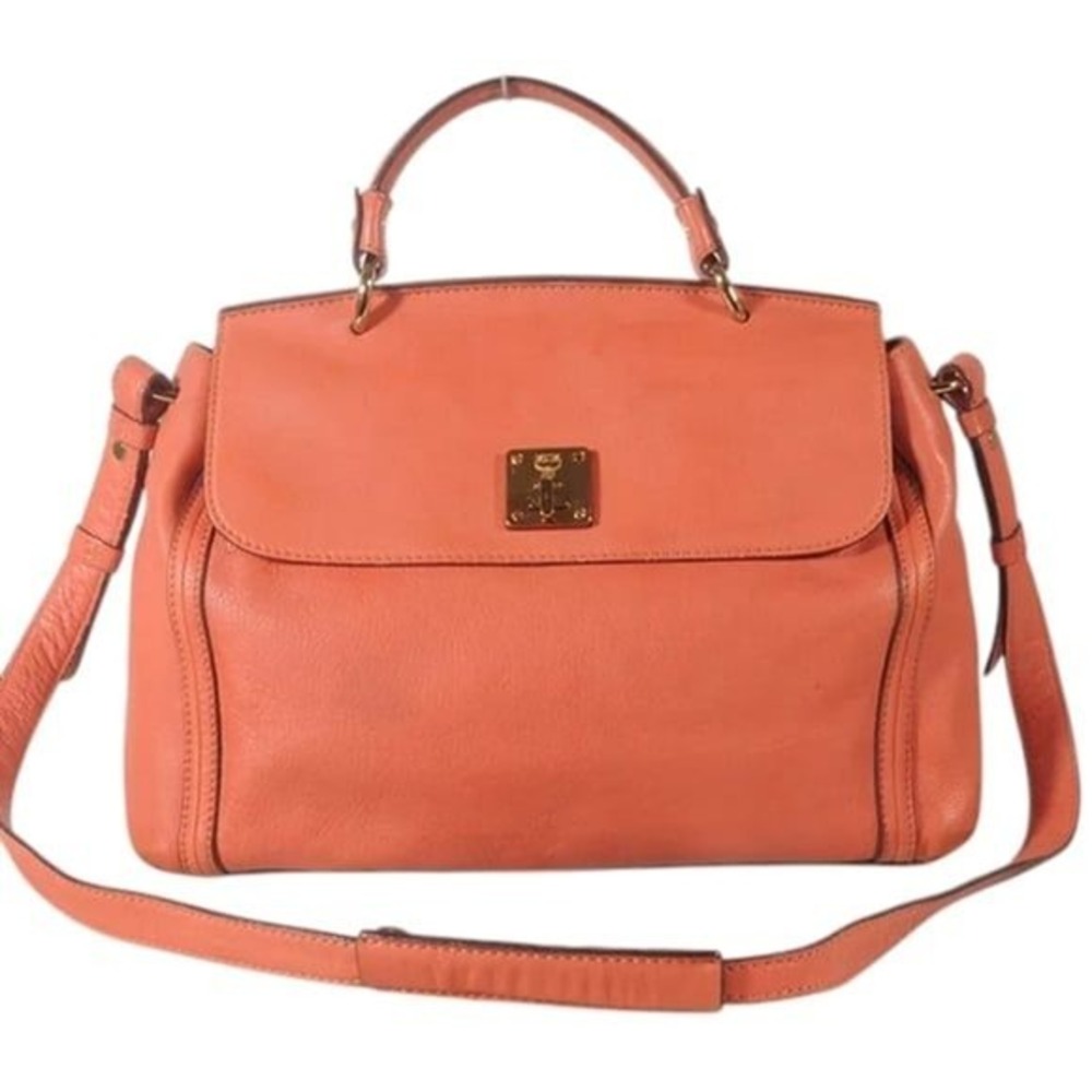 MCM Coral Orange Leather Satchel‎ Crossbody Bag MWS1SFC48RC001 Gold Hardware